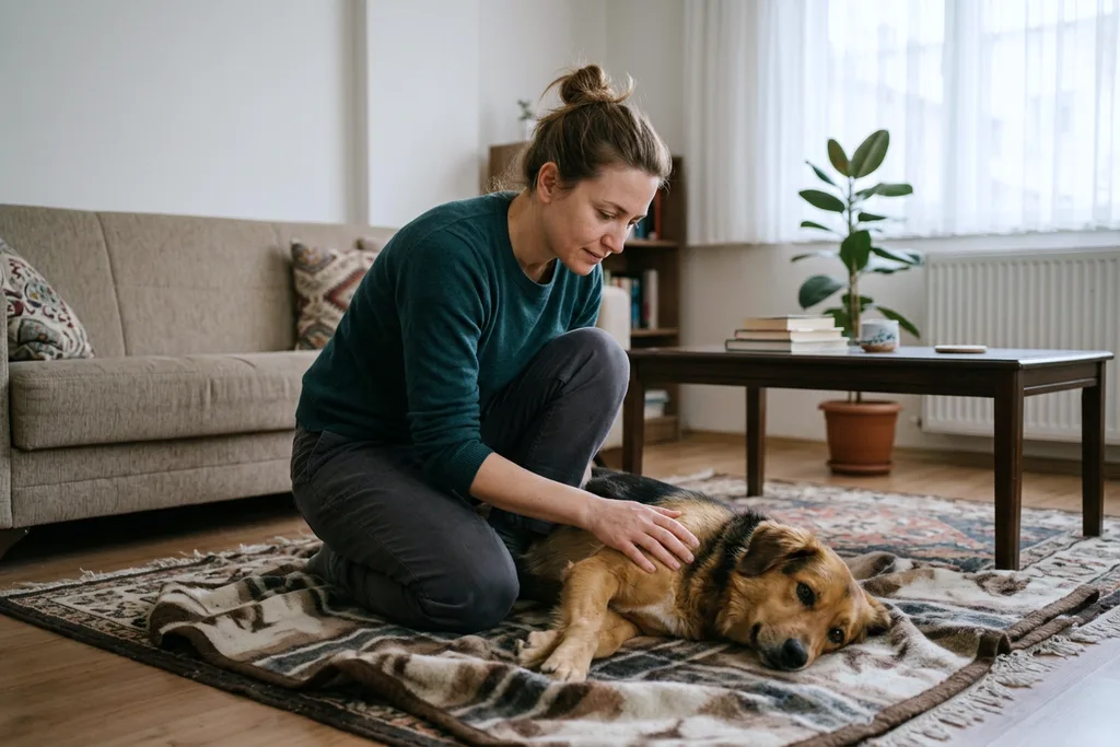 Evde dinlenen köpeğini kontrol eden sahibi