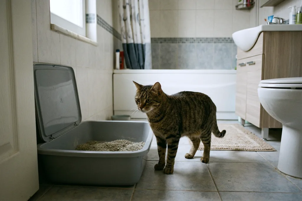 Banyoda kum kabının yanında duran kedi