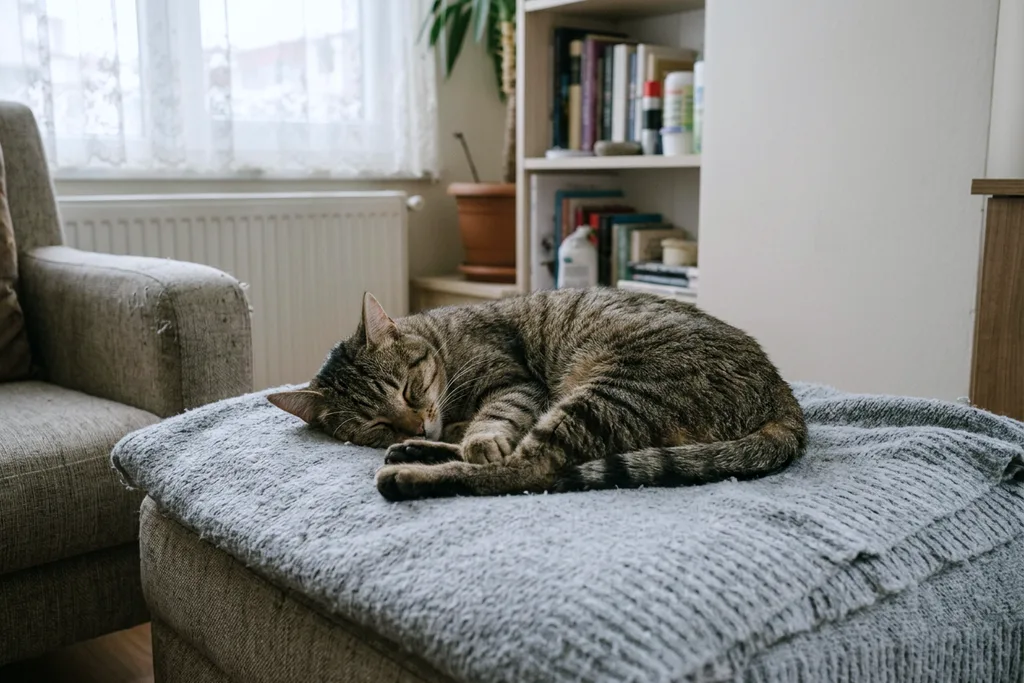 Ameliyat sonrası evde battaniye üzerinde dinlenen kedi