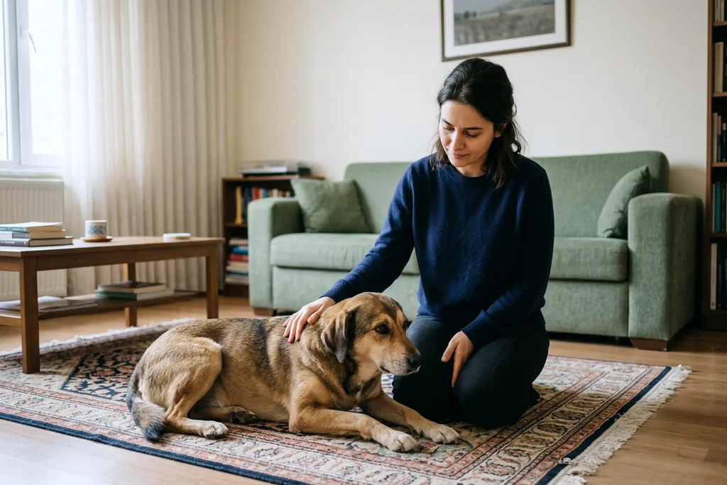 Halıda uzanan köpeğinin yanında diz çökmüş sahibi