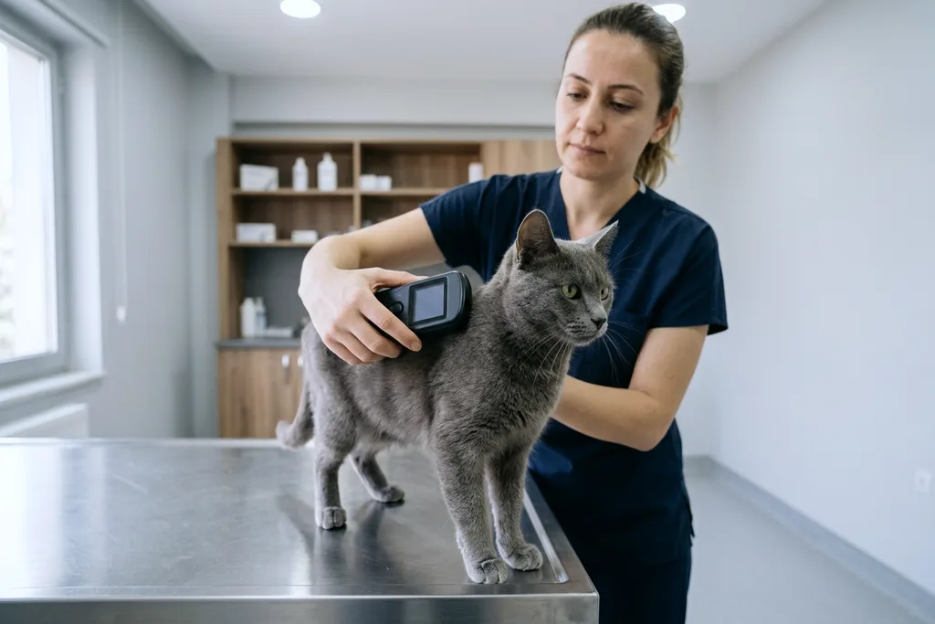 Klinikte kedinin omzuna tutulan mikroçip okuyucu
