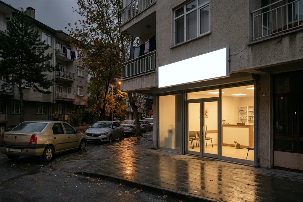 Gece ışıkları yanan küçük bir veteriner kliniğinin girişi