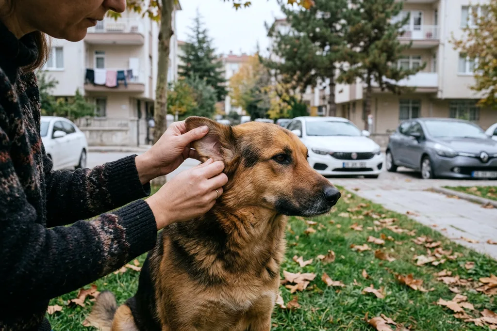 Bahçede köpeğin kulak arkasını kene için kontrol eden eller