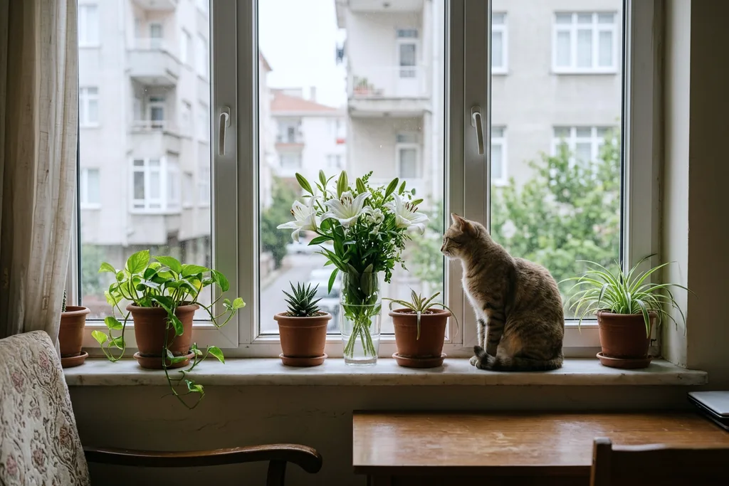 Pencere önündeki saksı bitkilerinin yanında oturan kedi