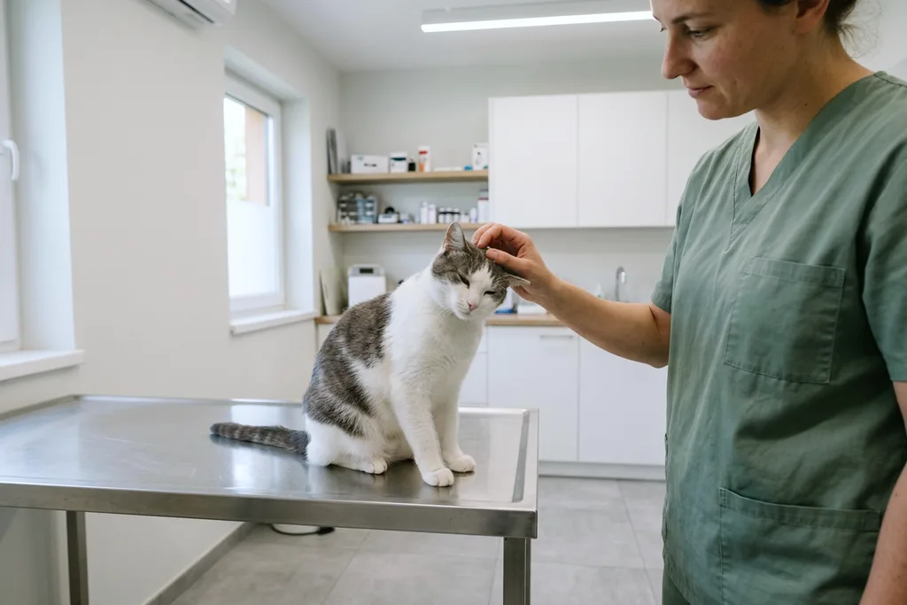 Muayene masasında hekimin eline yaslanan rahat kedi