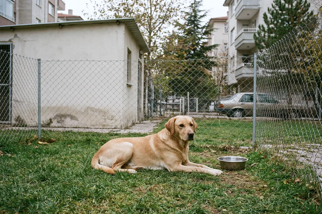 Çim bahçeli köpek oteli alanında dinlenen köpek