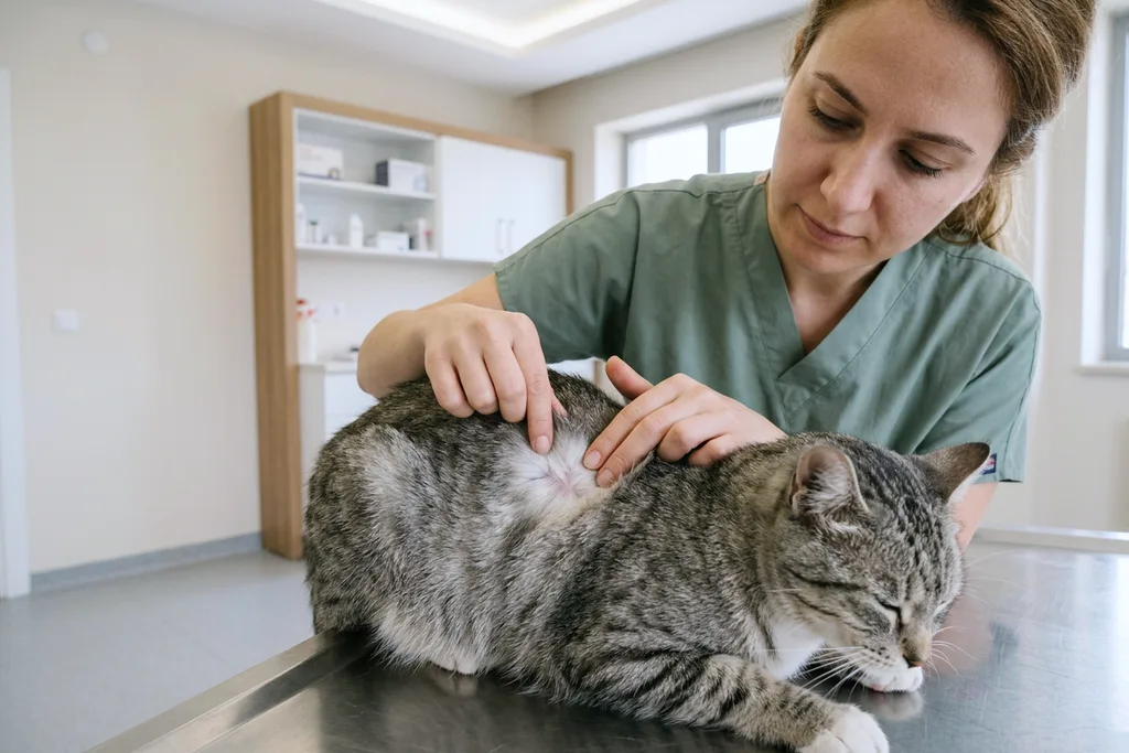 Deri kontrolü için tüyleri nazikçe aralanan kedi