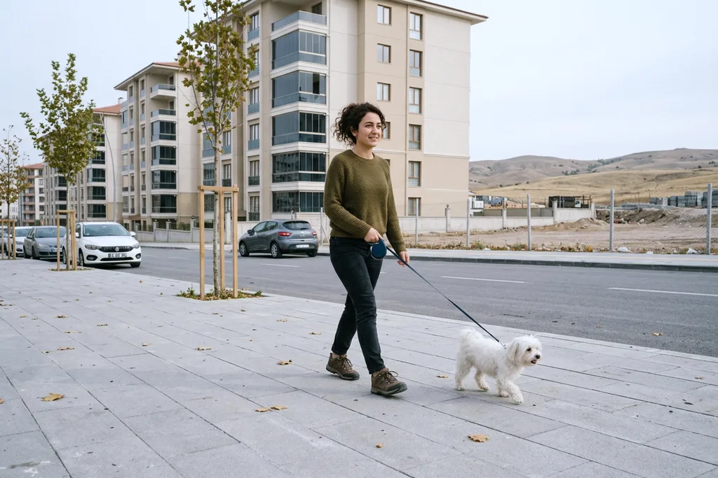 Alacaatlı’da yeni konut blokları önünde küçük köpeğiyle yürüyen kadın