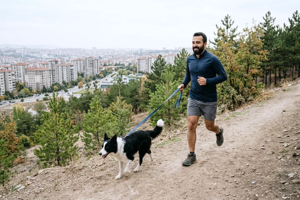 Beysukent’te çam ormanı kenarındaki patikada köpeğiyle koşan kişi