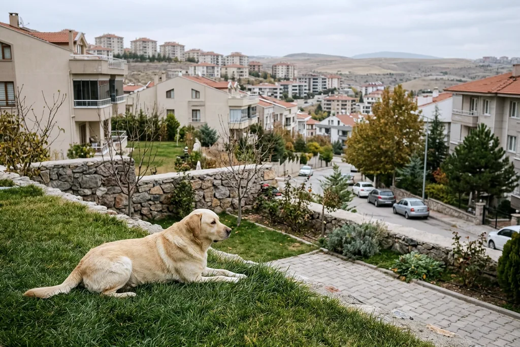 İncek’te geniş bir villa bahçesinde uzanan labrador