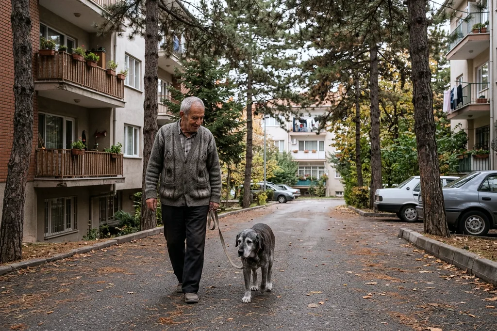 Koru Sitesi’nde çamların altında yaşlı köpeğiyle yürüyen adam