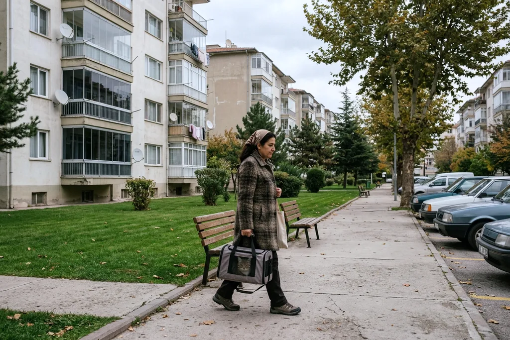 Türkkonut’ta balkonlu apartman blokları önünde kedi taşıma çantasıyla yürüyen kadın