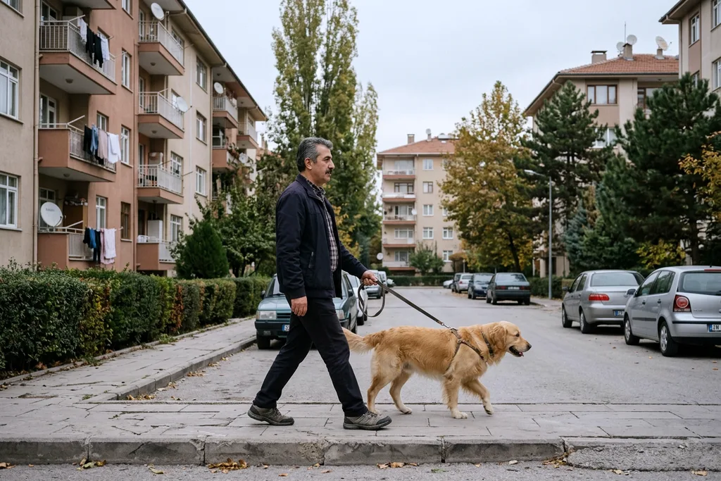 Ümitköy’de ağaçlı bir site yolunda köpeğini gezdiren adam